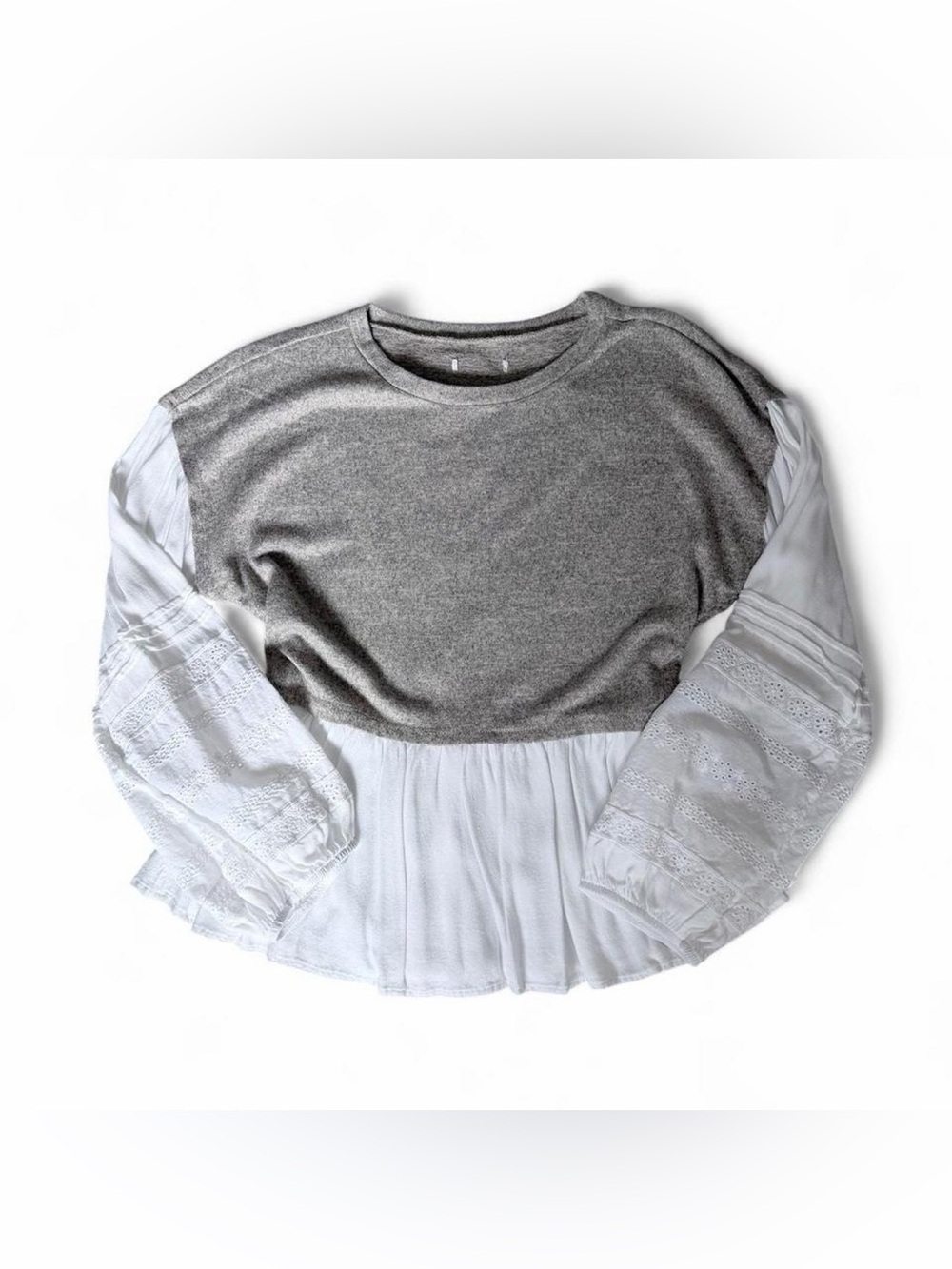 Gray Knit Pullover Top with White Lace Puff Sleeves